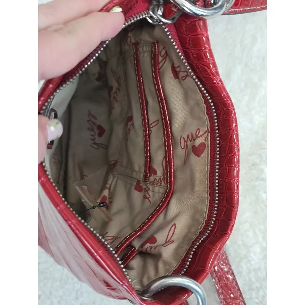 GUESS Chastity Croc Embossed Rhinestone Logo Crossbody Messenger Bag Purse Red
